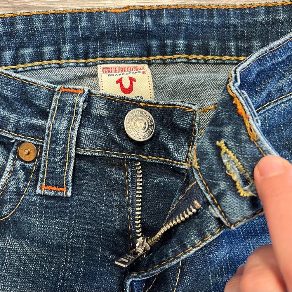 True Religion Western Medium Blue Straight Leg Jeans with Contrast Stitching - Picture 6 of 13